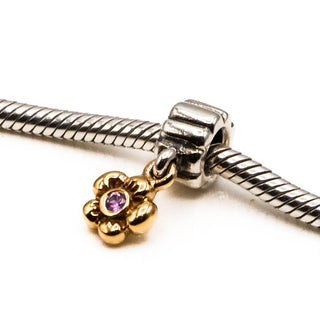 PANDORA Rare Retired 14K Yellow Gold Flower Dangle With Pink Sapphire And Sterling Silver Bale