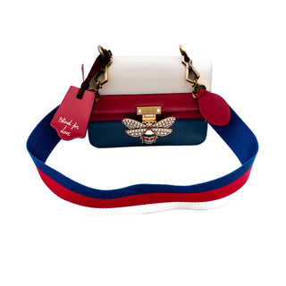 Gucci Sylvie Queen Margaret Tri-Color Leather Shoulder Bag With Bee Ornament & Strap