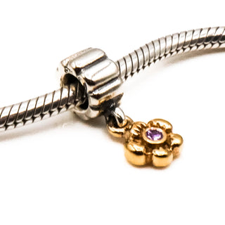 PANDORA Rare Retired 14K Yellow Gold Flower Dangle With Pink Sapphire And Sterling Silver Bale