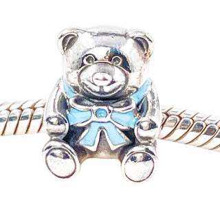 Pandora It's a Boy Sterling Silver Teddy Bear Charm With Blue Ribbon