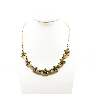 Vintage Gold Plated Flower Necklace With Citrine Colored Rhinestones 15-18 Inch