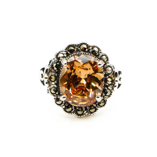 Vintage Citrine Colored CZ Marcasite Cocktail Ring Size 7