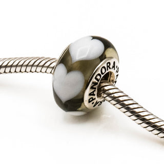 PANDORA Clear With White Hearts Murano Glass Sterling Silver Charm