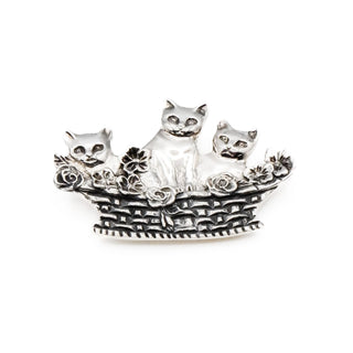 Vintage Sterling Silver Cats in a Flower Basket Brooch Pin Pendant