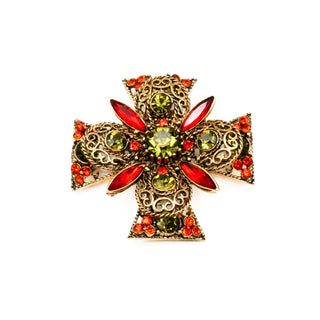 Vintage EMMONS Regal Splendor Ornate Maltese Cross Olivine Red Rhinestone Brooch