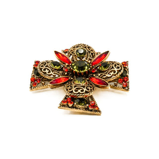 Vintage EMMONS Regal Splendor Ornate Maltese Cross Olivine Red Rhinestone Brooch