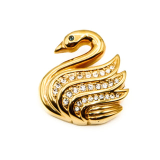 Vintage 1960's Krementz Gold Plated Swan Rhinestone Brooch Pin
