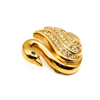 Vintage 1960's Krementz Gold Plated Swan Rhinestone Brooch Pin