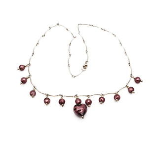 Vintage Purple Heart Art Glass Sterling Silver Beaded Necklace