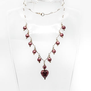 Vintage Purple Heart Art Glass Sterling Silver Beaded Necklace