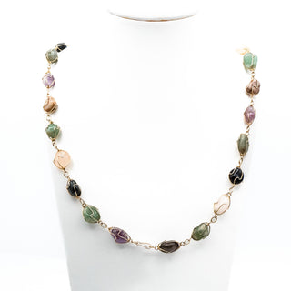 Vintage 31-Inch Multi-Gemstone Amethyst Jade Agate Quartz GP Wire Wrap Necklace