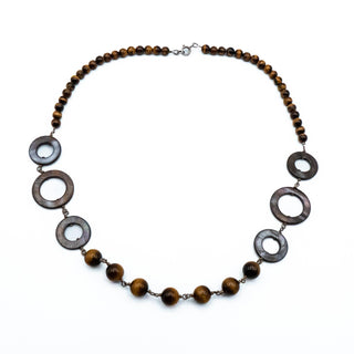 Vintage 22-Inch Tiger's Eye & Abalone Shell Necklace 925 Clasp