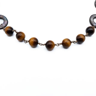 Vintage 22-Inch Tiger's Eye & Abalone Shell Necklace 925 Clasp