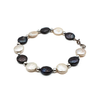 Vintage 7.5-Inch Cultured 11mm Black & White Coin Pearl Bracelet