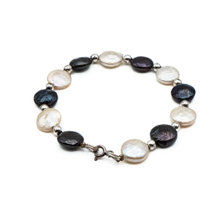 Vintage 7.5-Inch Cultured 11mm Black & White Coin Pearl Bracelet