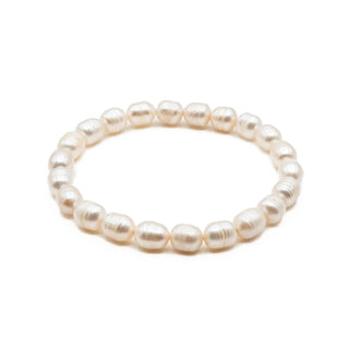 White Cultured Oval Ringed Pearl Stretch Bracelet 7 Inches