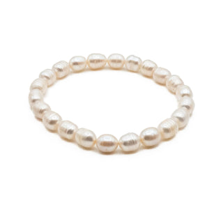 White Cultured Oval Ringed Pearl Stretch Bracelet 7 Inches