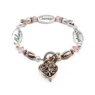 Believe, Courage, Strength Silver Plated Heart Charm Bracelet 7.9 Inches