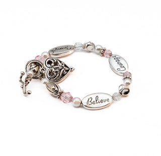Believe, Courage, Strength Silver Plated Heart Charm Bracelet 7.9 Inches
