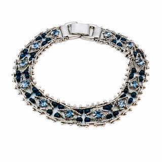 Silver Plated Blue Rhinestone Beaded Link Bracelet - 7.3 Inches