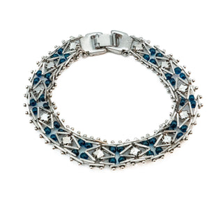 Silver Plated Blue Rhinestone Beaded Link Bracelet - 7.3 Inches