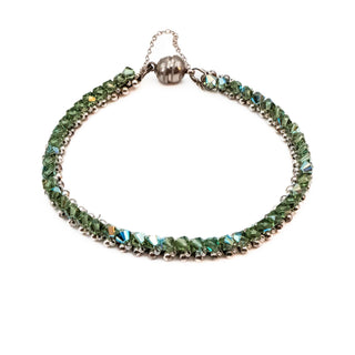 Vintage Beaded Sterling Silver And Austrian Green Crystal Bracelet - 7.9 Inches