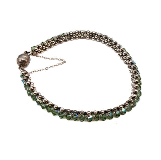 Vintage Beaded Sterling Silver And Austrian Green Crystal Bracelet - 7.9 Inches