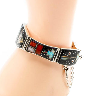 Navajo Artist Opal Multi-Stone Micro Inlay Link Bracelet in Sterling Silver Size 7.5 Inches