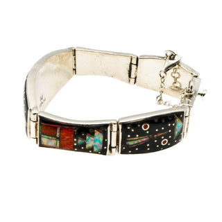 Navajo Artist Opal Multi-Stone Micro Inlay Link Bracelet in Sterling Silver Size 7.5 Inches