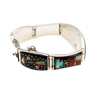 Navajo Artist Opal Multi-Stone Micro Inlay Link Bracelet in Sterling Silver Size 7.5 Inches