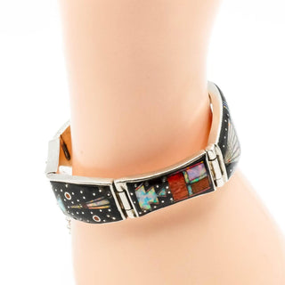 Navajo Artist Opal Multi-Stone Micro Inlay Link Bracelet in Sterling Silver Size 7.5 Inches