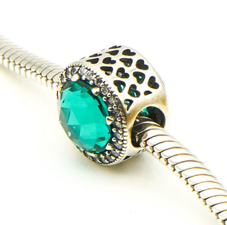 PANDORA Rare Radiant Hearts Charm Sterling Silver Charm With Sea Green Crystal