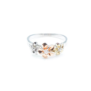 Hawaiian Tri-color Plumeria Sterling Silver Ring With Cubic Zirconia Size 6