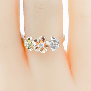 Hawaiian Tri-color Plumeria Sterling Silver Ring With Cubic Zirconia Size 6