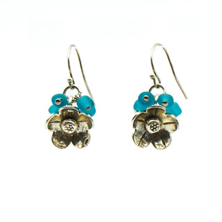 Sterling Silver Flower Earrings With Blue Frosted Glass Beads