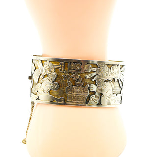 Vintage Guatemala, Mayan, Aztec 7.5-Inch Sterling Silver Bangle Cuff Bracelet