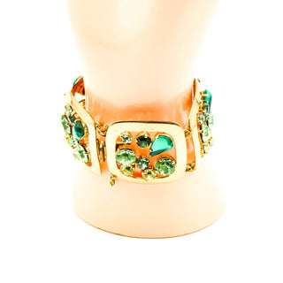 Vintage German 1/20 14K Gold Filled Statement Bracelet With Green Rhinestones