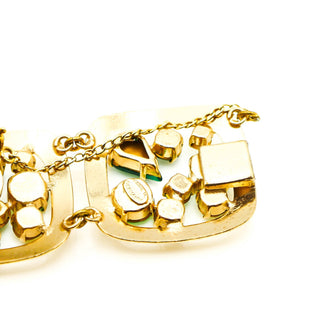Vintage German 1/20 14K Gold Filled Statement Bracelet With Green Rhinestones