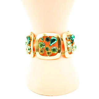 Vintage German 1/20 14K Gold Filled Statement Bracelet With Green Rhinestones