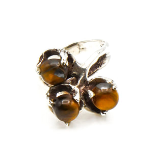 Vintage Tiger's Eye Brutalist Sterling Silver Three-Stone Ring Size 6