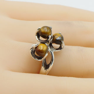 Vintage Tiger's Eye Brutalist Sterling Silver Three-Stone Ring Size 6
