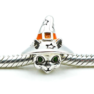 CHAMILIA Halloween Cat Sterling Silver Charm With Green Swarovski Crystals