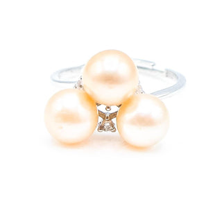 Sterling Silver Pink Pearl Three-Stone Ring Size 6 Adj With CZ