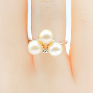 Sterling Silver Pink Pearl Three-Stone Ring Size 6 Adj With CZ