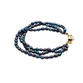 Vintage 7.5-Inch Cultured Black Baroque Freshwater Pearl Triple Strand Bracelet