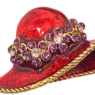 Two Vintage Red Hat Society Rhinestone And Enamel Brooches