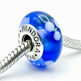 PANDORA White Flower Murano Glass On Blue Charm