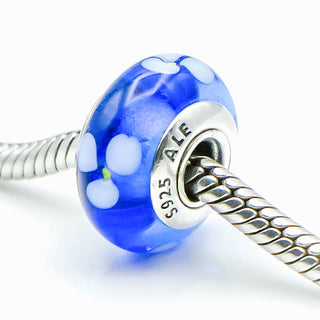 PANDORA White Flower Murano Glass On Blue Charm