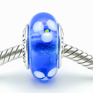 PANDORA White Flower Murano Glass On Blue Charm