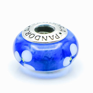 PANDORA White Flower Murano Glass On Blue Charm